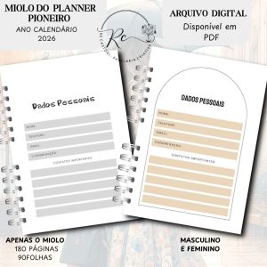 KIT DIGITAL MIOLO PLANNER DO PIONEIRO - FEMININO E MASCULINO (APENAS O MIOLO) - ANO CALENDÁRIO 2026  ( Janeiro á Dezembro )