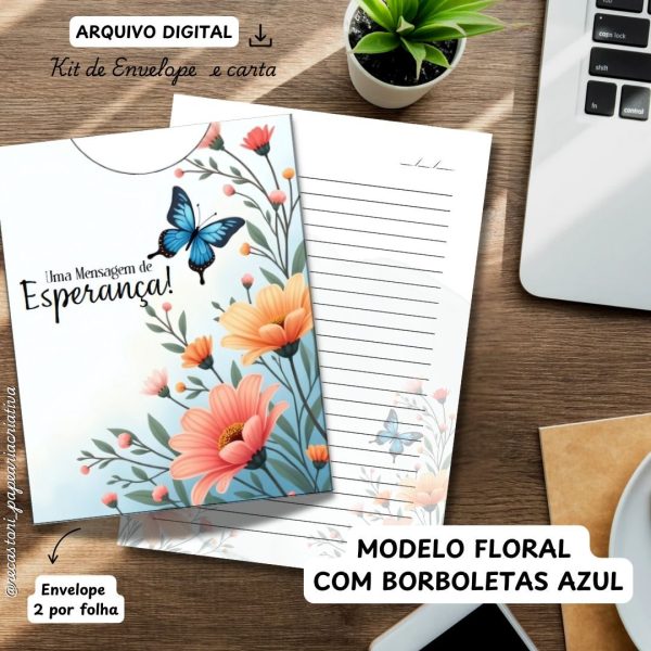 ARQUIVO DIGITAL ENVELOPE2 POR FOLHA + CARTA A4  - MODELO FLORAL COM BORBOLETAS AZUL - Imagem 1