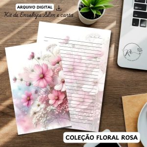 ARQUIVO DIGITAL ENVELOPE SLIM + CARTA A4  - MODELO FLORAL ROSA