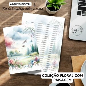 ARQUIVO DIGITAL ENVELOPE SLIM + CARTA A4  - MODELO FLORAL COM PAISAGEM AZUL
