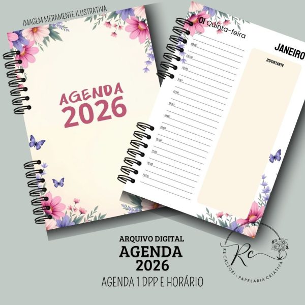 KIT DIGITAL AGENDA 2026 1 DIA POR PÁGINA COM HORÁRIOS - FLORAL ROSA - Imagem 1