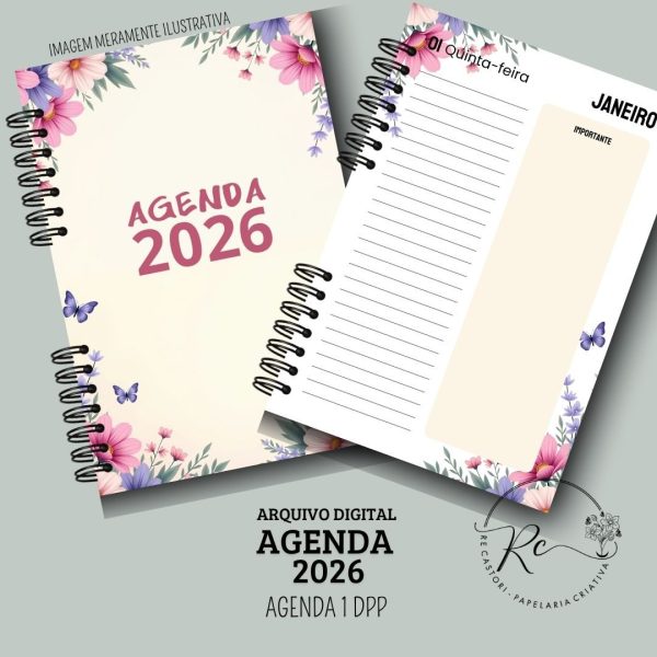 KIT DIGITAL AGENDA 2026 1 DIA POR PÁGINA SEM HORÁRIOS - FLORAL ROSA - Imagem 1