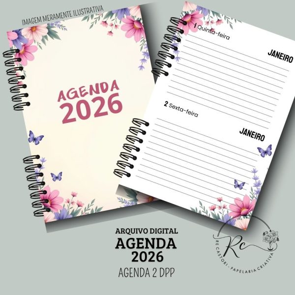 KIT DIGITAL AGENDA 2026 2 DIAS POR PÁGINA - FLORAL ROSA - Imagem 1