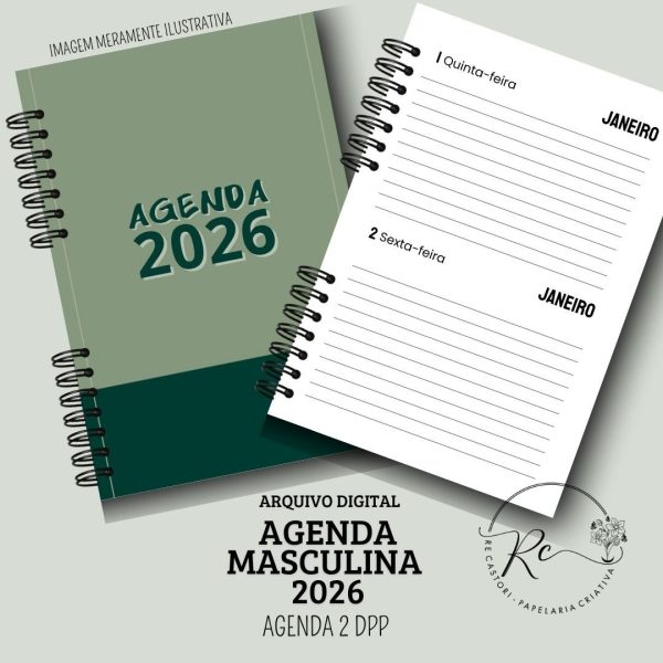 KIT DIGITAL AGENDA 2026 2 DIAS POR PÁGINA - MASCULINA VERDE - Imagem 1
