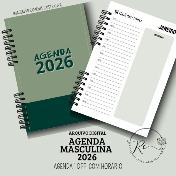 KIT DIGITAL AGENDA 2026 1 DIA POR PÁGINA - COM HORÁRIOS - MASCULINA VERDE - Imagem 1