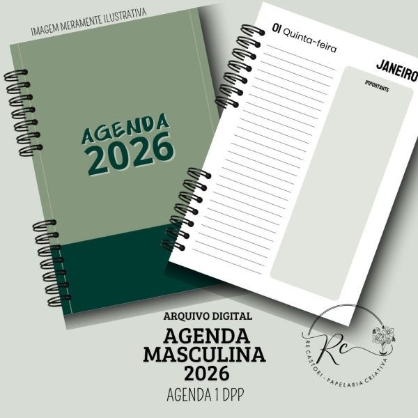 KIT DIGITAL AGENDA 2026 1 DIA POR PÁGINA - SEM HORÁRIOS - MASCULINA VERDE - Imagem 1