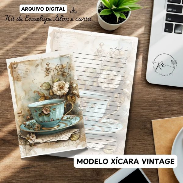 ARQUIVO DIGITAL ENVELOPE SLIM + CARTA A4  - MODELO XÍCARA VINTAGE - Imagem 1