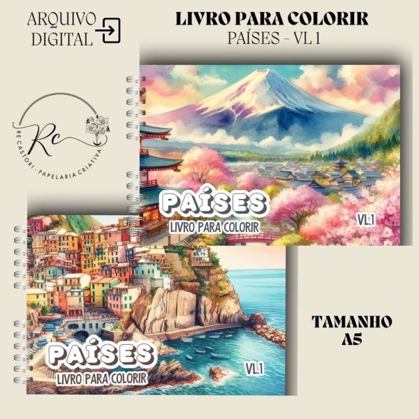 KIT DIGITAL LIVRO PARA COLORIR ( A5 ) - TEMA PAÍSES - Imagem 1