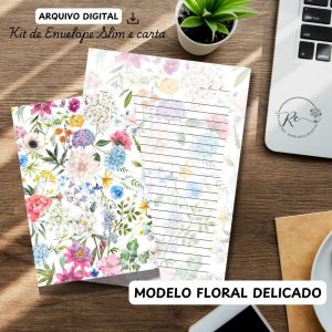 ARQUIVO DIGITAL ENVELOPE SLIM + CARTA A4  - MODELO FLORAL DELICADO