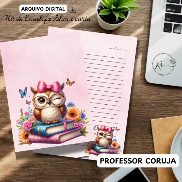 ARQUIVO DIGITAL ENVELOPE SLIM + CARTA A4  - MODELO PROFESSORA CORUJA - Imagem 1
