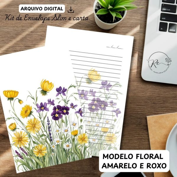 ARQUIVO DIGITAL ENVELOPE SLIM + CARTA A4  - MODELO FLORAL AMARELO E ROXO - Imagem 1