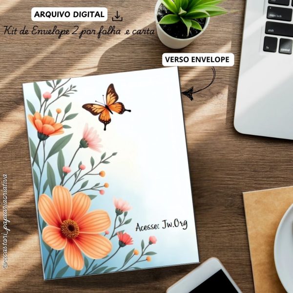 ARQUIVO DIGITAL ENVELOPE2 POR FOLHA + CARTA A4  - MODELO FLORAL COM BORBOLETAS AZUL - Imagem 2