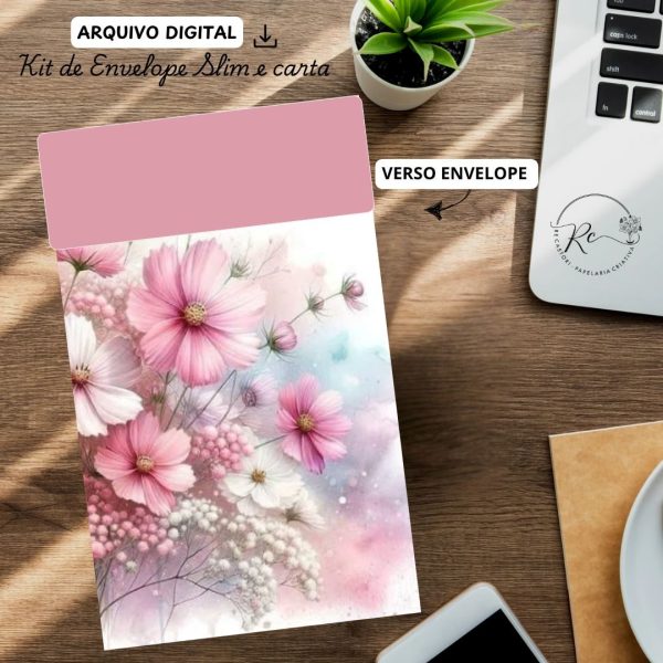 ARQUIVO DIGITAL ENVELOPE SLIM + CARTA A4  - MODELO FLORAL ROSA - Imagem 2