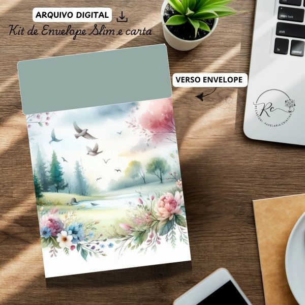 ARQUIVO DIGITAL ENVELOPE SLIM + CARTA A4  - MODELO FLORAL COM PAISAGEM AZUL - Imagem 2