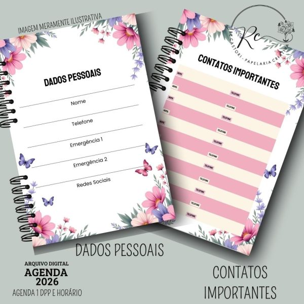 KIT DIGITAL AGENDA 2026 1 DIA POR PÁGINA COM HORÁRIOS - FLORAL ROSA - Imagem 2