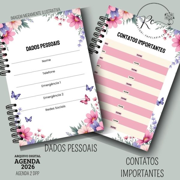 KIT DIGITAL AGENDA 2026 2 DIAS POR PÁGINA - FLORAL ROSA - Imagem 2
