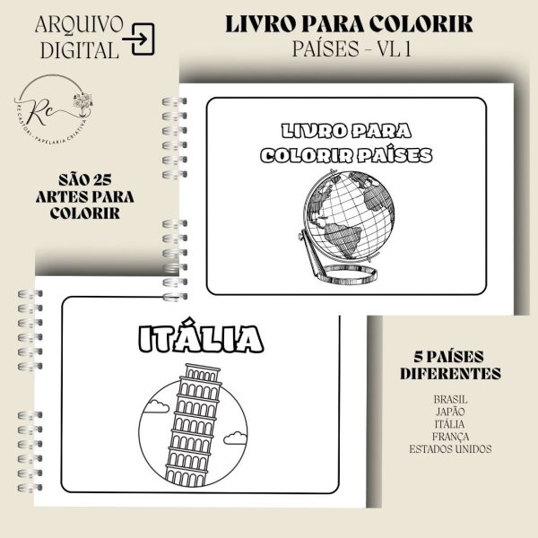 KIT DIGITAL LIVRO PARA COLORIR ( A5 ) - TEMA PAÍSES - Imagem 2
