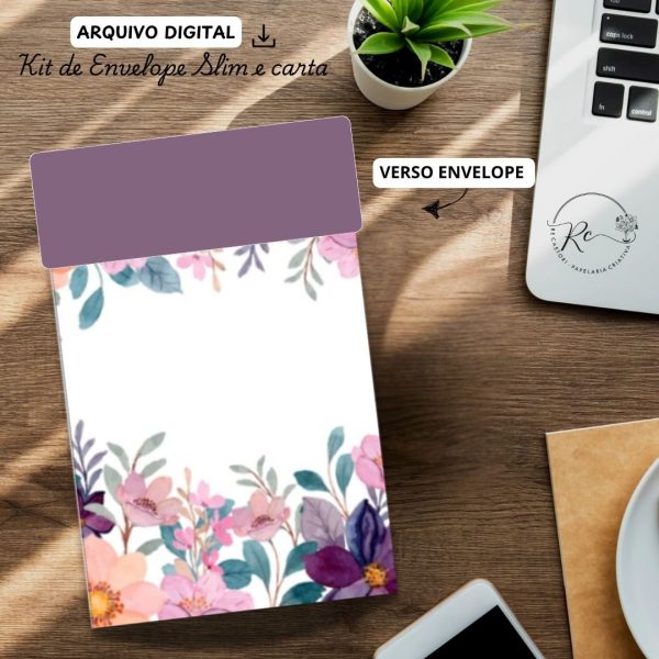 ARQUIVO DIGITAL ENVELOPE SLIM + CARTA A4  - MODELO FLORAL BORDÔ - Imagem 2
