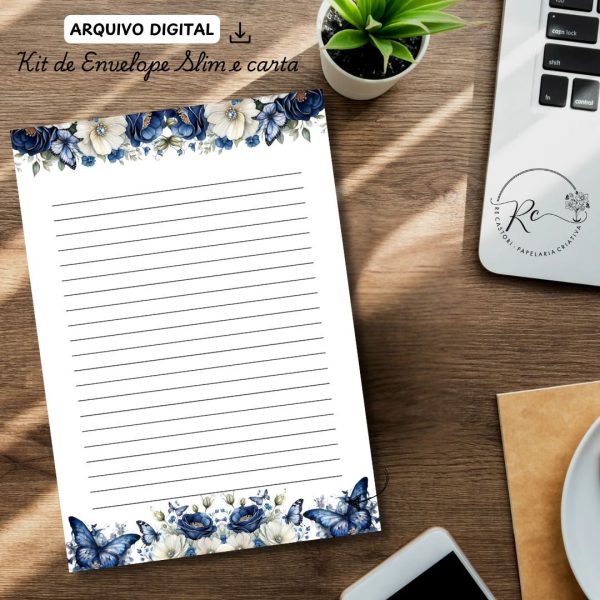 ARQUIVO DIGITAL ENVELOPE SLIM + CARTA A4  - FLORAL AZUL - Imagem 2