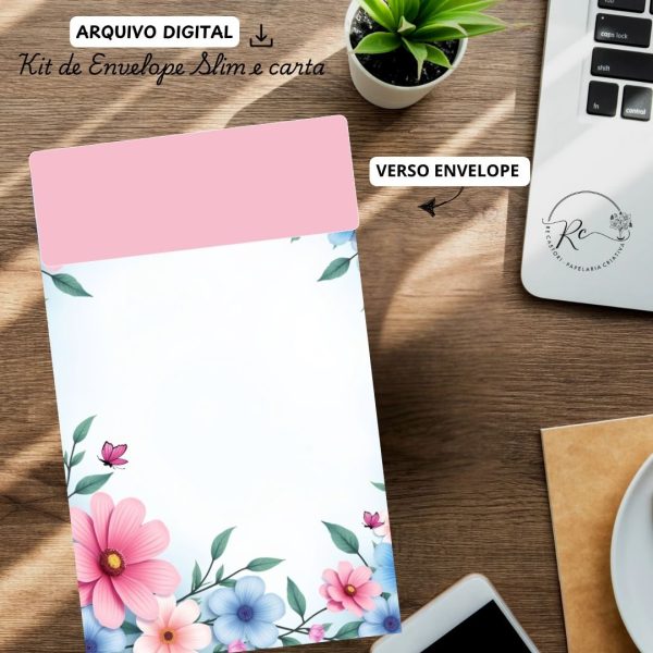 ARQUIVO DIGITAL ENVELOPE SLIM + CARTA A4  - FLORAL AZUL E ROSA - Imagem 2