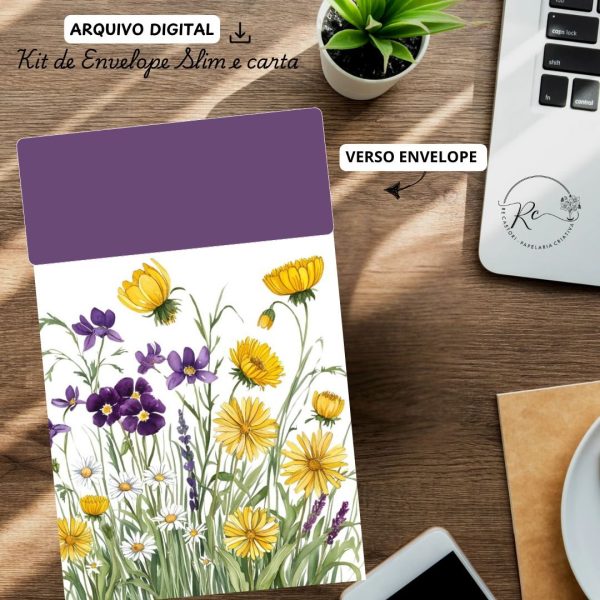 ARQUIVO DIGITAL ENVELOPE SLIM + CARTA A4  - MODELO FLORAL AMARELO E ROXO - Imagem 2
