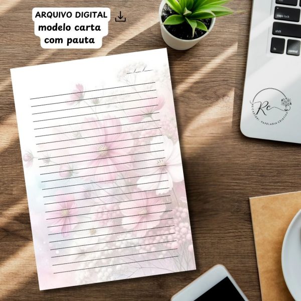 ARQUIVO DIGITAL ENVELOPE SLIM + CARTA A4  - MODELO FLORAL ROSA - Imagem 3