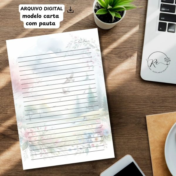ARQUIVO DIGITAL ENVELOPE SLIM + CARTA A4  - MODELO FLORAL COM PAISAGEM AZUL - Imagem 3