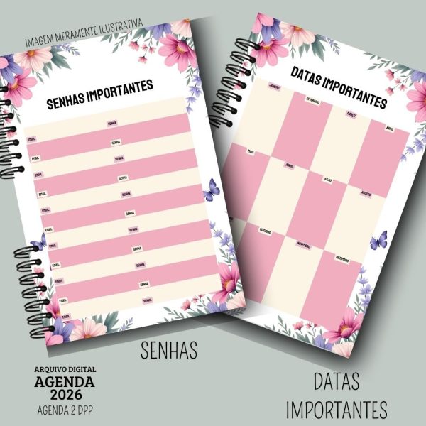 KIT DIGITAL AGENDA 2026 2 DIAS POR PÁGINA - FLORAL ROSA - Imagem 3