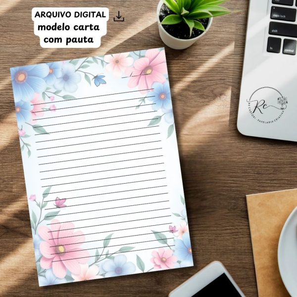 ARQUIVO DIGITAL ENVELOPE SLIM + CARTA A4  - FLORAL AZUL E ROSA - Imagem 3