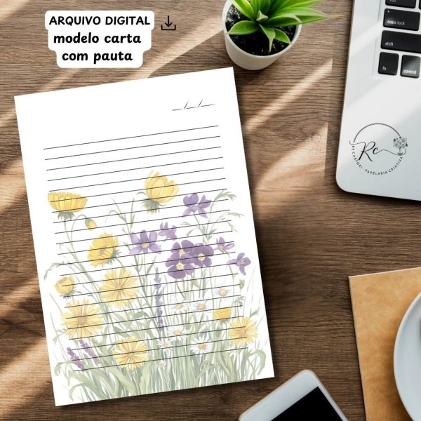 ARQUIVO DIGITAL ENVELOPE SLIM + CARTA A4  - MODELO FLORAL AMARELO E ROXO - Imagem 3