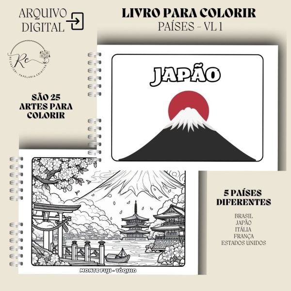 KIT DIGITAL LIVRO PARA COLORIR ( A5 ) - TEMA PAÍSES - Imagem 4