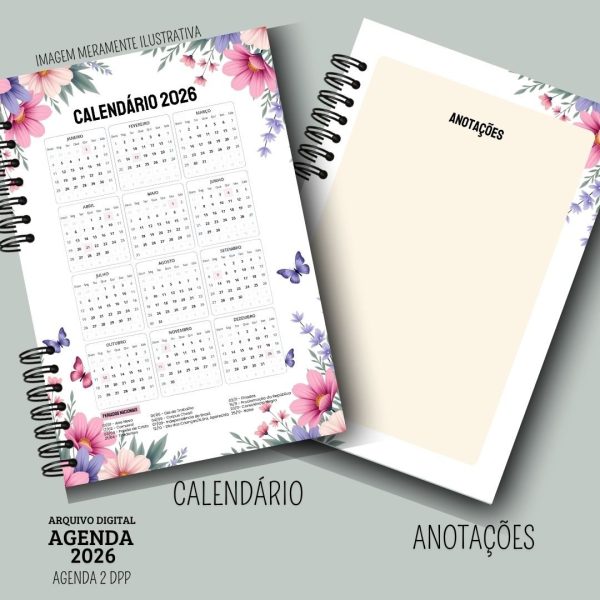 KIT DIGITAL AGENDA 2026 2 DIAS POR PÁGINA - FLORAL ROSA - Imagem 4
