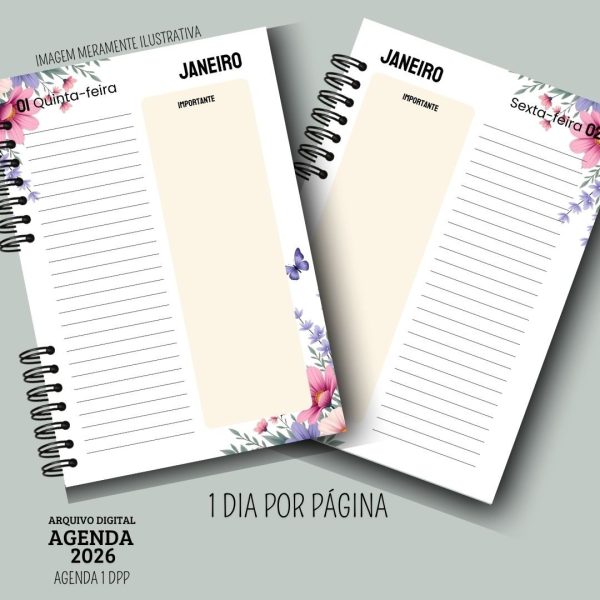 KIT DIGITAL AGENDA 2026 1 DIA POR PÁGINA SEM HORÁRIOS - FLORAL ROSA - Imagem 5