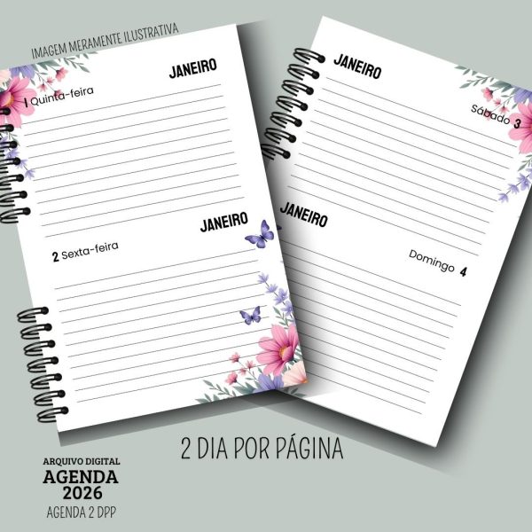 KIT DIGITAL AGENDA 2026 2 DIAS POR PÁGINA - FLORAL ROSA - Imagem 5