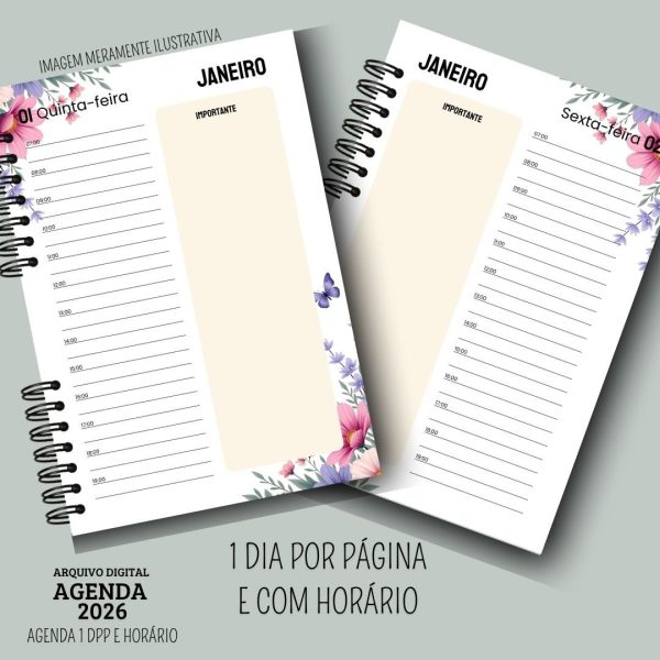 KIT DIGITAL AGENDA 2026 1 DIA POR PÁGINA COM HORÁRIOS - FLORAL ROSA - Imagem 5